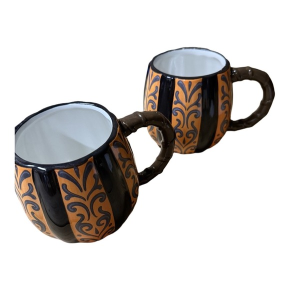 Set of 2 Pumpkin Mugs – Halloween Fall Harvest Ceramic Coffee Cups - Picture 1 of 5